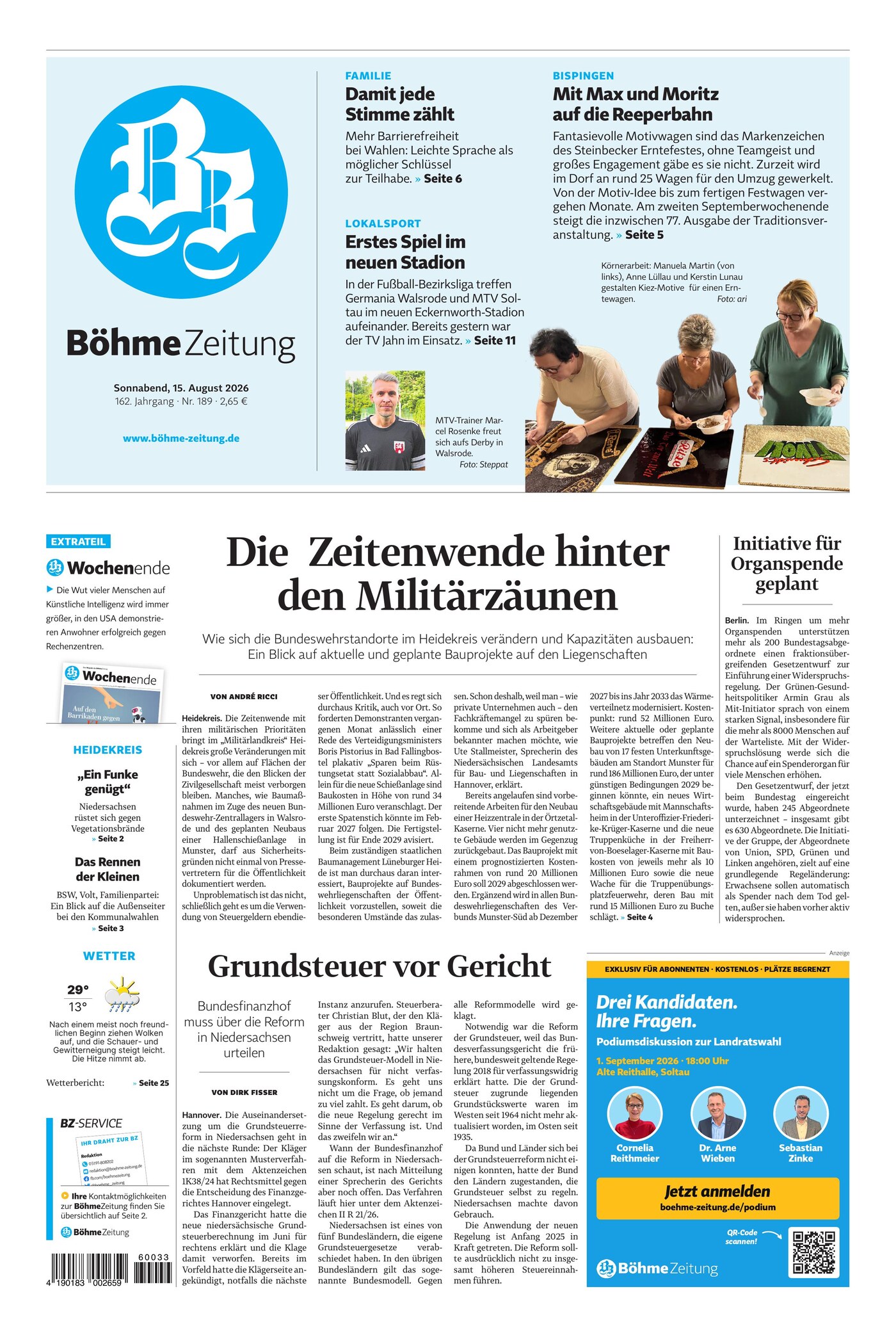 Titelseite der Böhme-Zeitung, Ausgabe Nr. 189 vom 15. August 2026