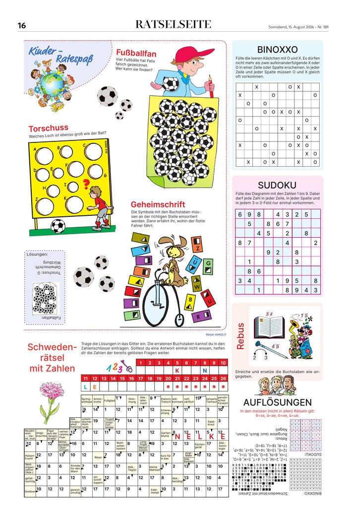 S. 16: Kinder-Ratespaß mit BINOXXO und Zeichenrätsel