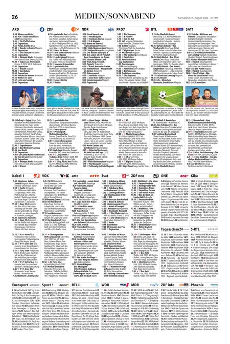 TV-Programm Sonnabend: ARD, ZDF, NDR, Pro7, RTL — vollständige Übersicht