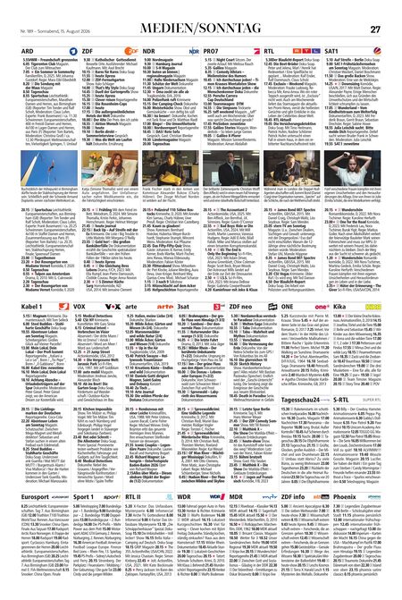 TV-Programm Sonntag: das komplette Programm für den nächsten Tag schon am Sonnabend