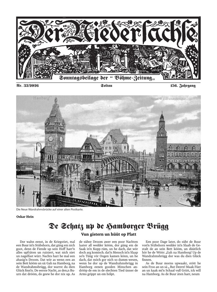 Sonntagsbeilage Nr. 33/2026 — "De Schatz up de Hamborger Brügg": Plattdeutsche Erzählung aus Soltau, 156. Jahrgang